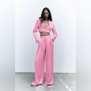 Zara full length satin effect pants and jacket set pink